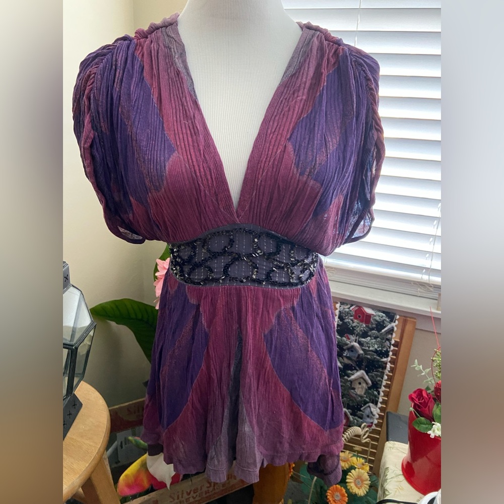 Free People sleeveless boho gauze elastic waist asymmetrical top embellishments